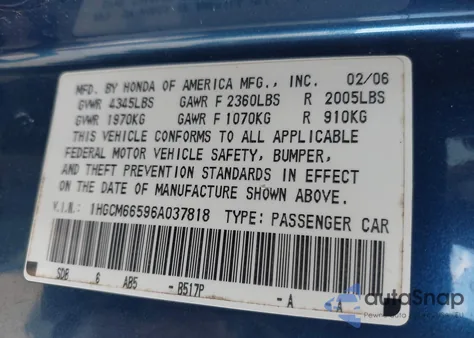 2006 Honda Accord Sdn Ex-L V6 z USA, uszkodzony, nr VIN 1HGCM66596A037818